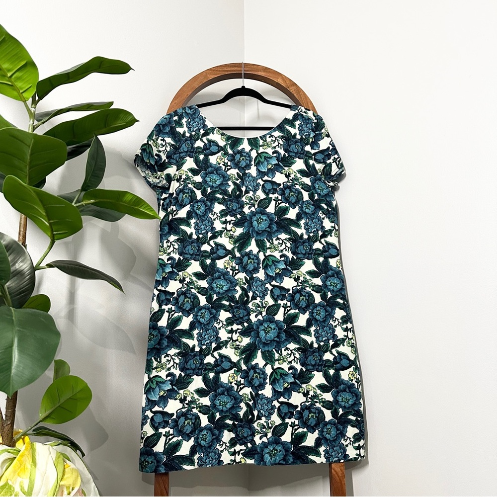 LOFT 12 Green Blue Floral Linen Blend Short Sleeve Sheath Dress